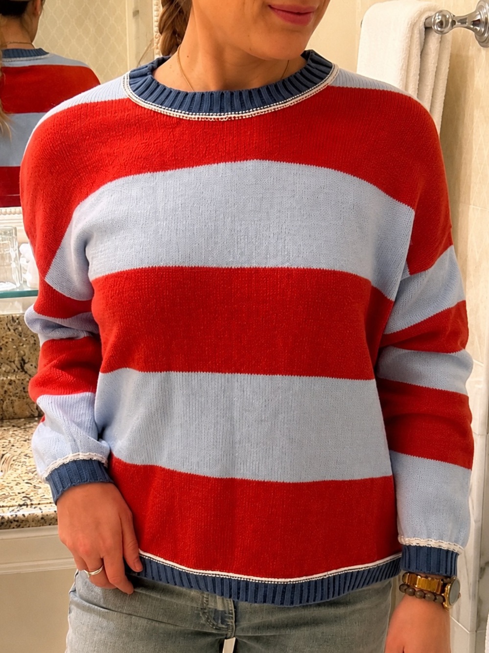 Women’s Bold Red and Light Blue Chunky Knit Striped Sweater. Size S